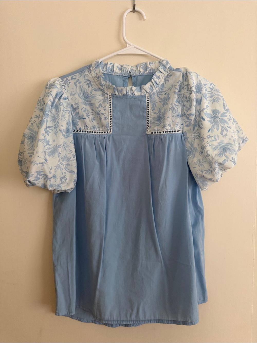 Light Blue Peasant Blouse with Floral Puff Sleeves
